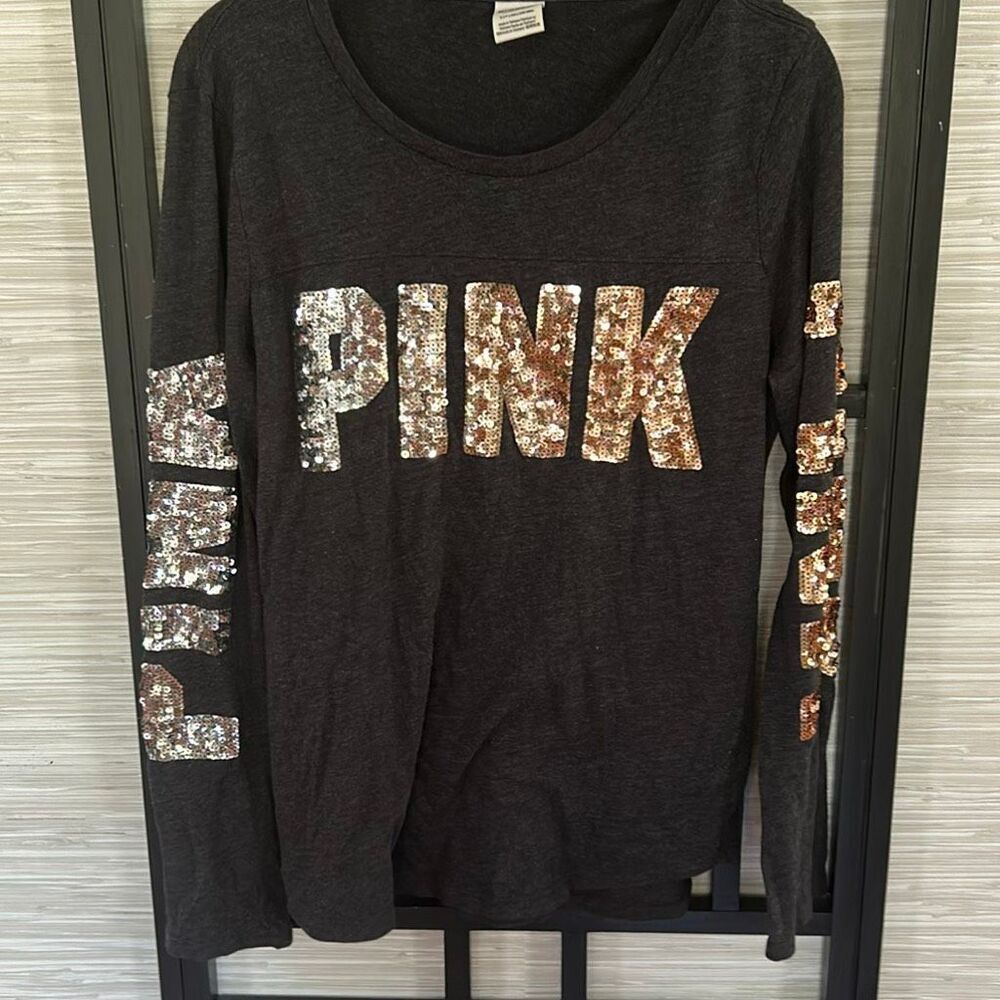 PINK Victoria's Secret sequins logo Heather dark gray long sleeve T-shirts size